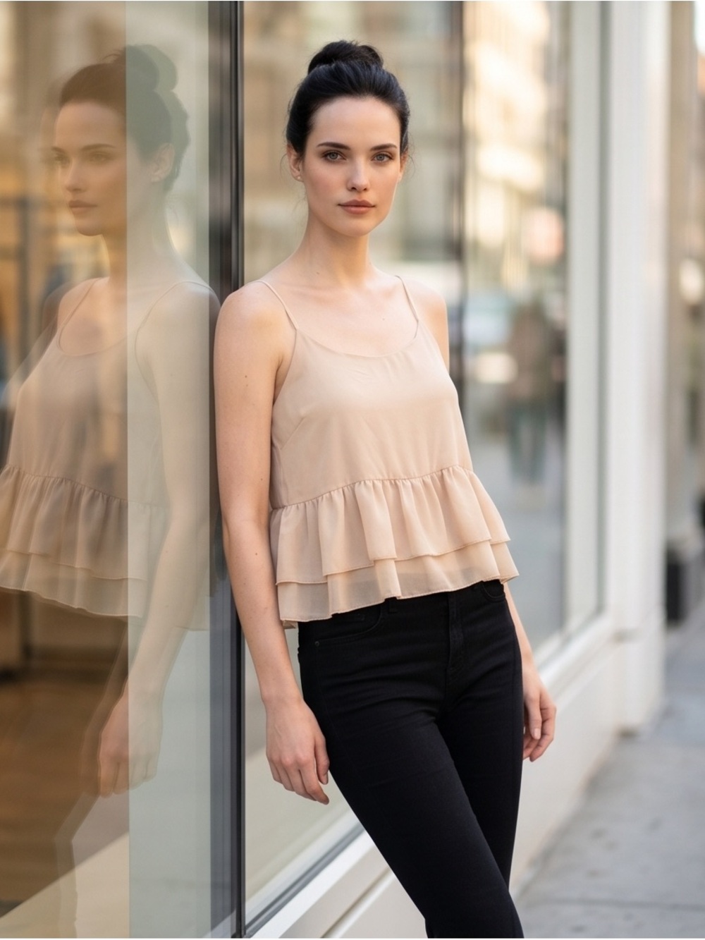 The Vanity Room Beige Double-Ruffle Camisole